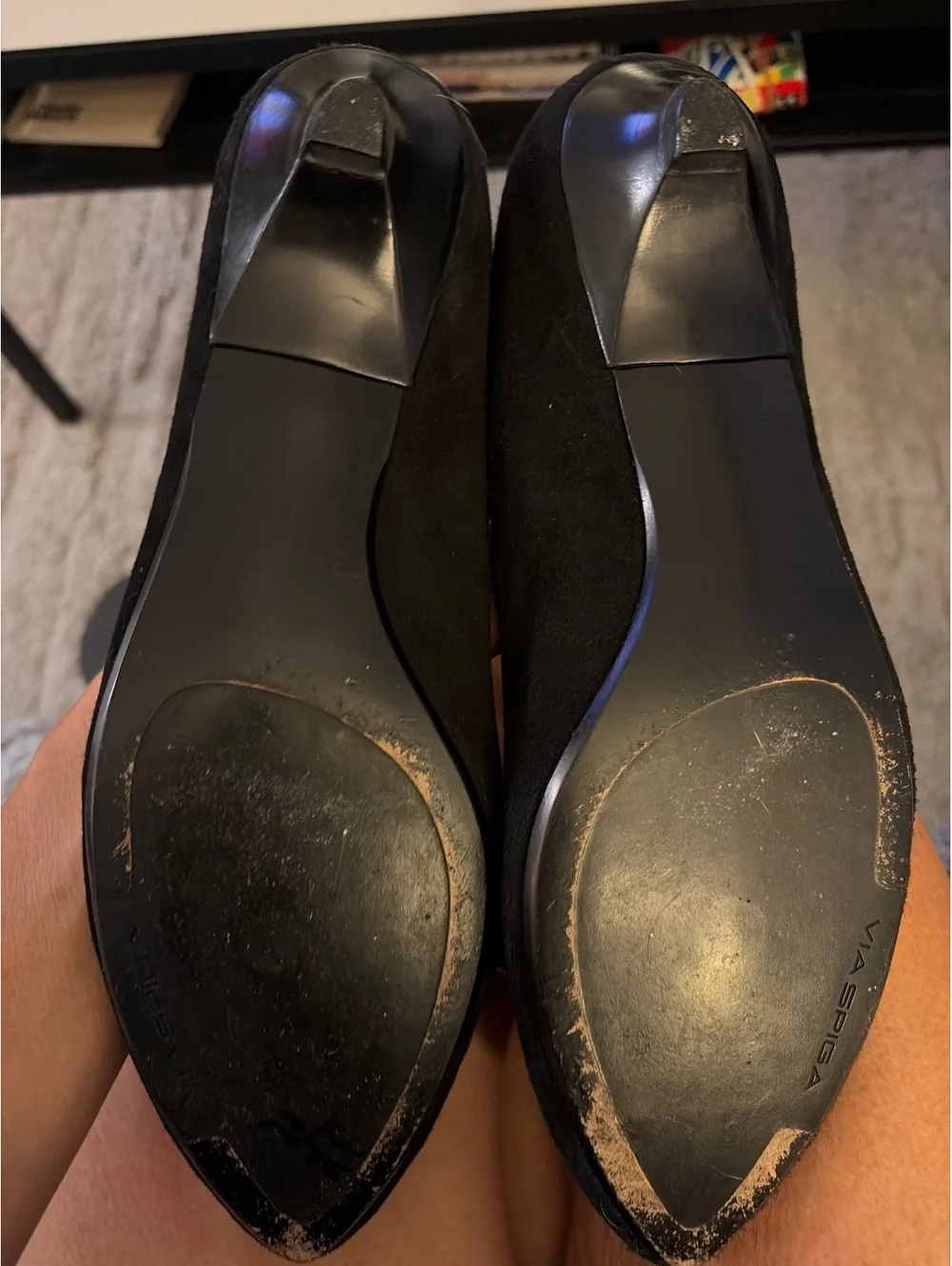 Via Spiga Black Pointed Toe kitten heels with Silver Buckle Detail, Size 7.5